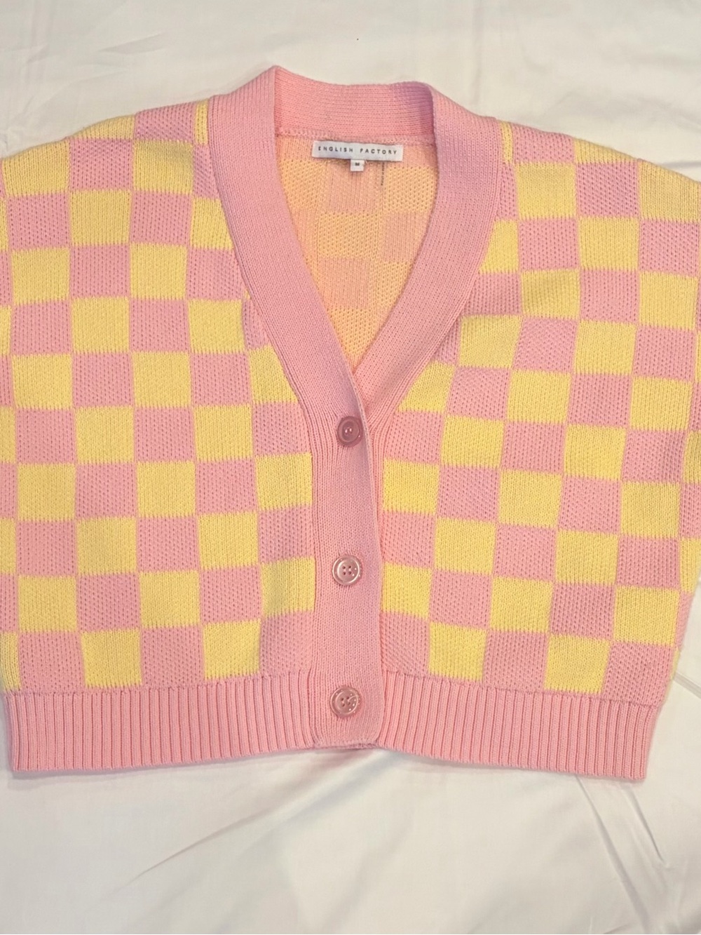 English Factory Pink and Yellow Checkered Cropped Cardigan